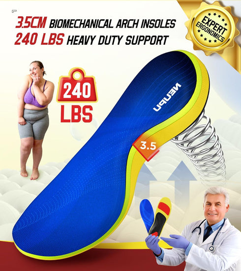 240+lbs Plantar Fasciitis Insoles - 100% Memory Foam Comfort, High Arch Support Inserts for Pain Relief, Orthotic for