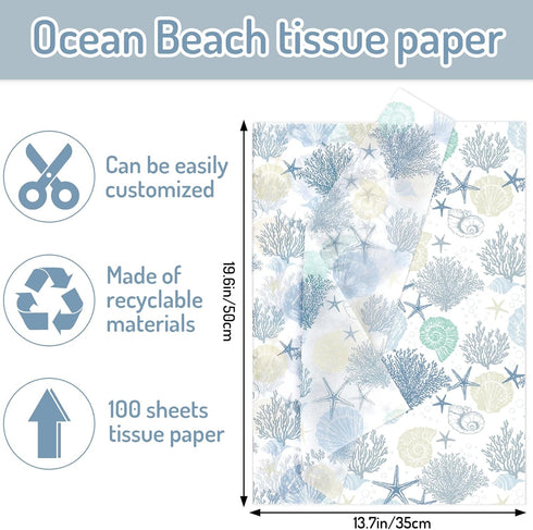 Whaline 100 Sheets Ocean Tissue Paper Sea Shell Starfish Gift Wrapping Paper Coastal Beach DIY Art Craft Tissue Paper for Summer Wedding Birthday Baby Shower Supplies, 13.7 x 19.6 Inch