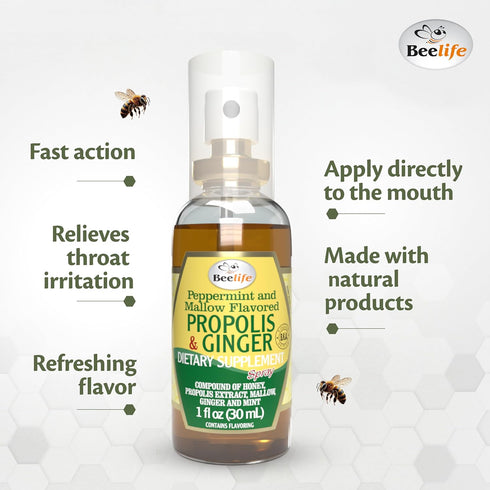 Beelife Propolis Throat Spray 30ml - Natural Immune Support, Soothing Honey & Ginger, No Sugar, Gluten-Free