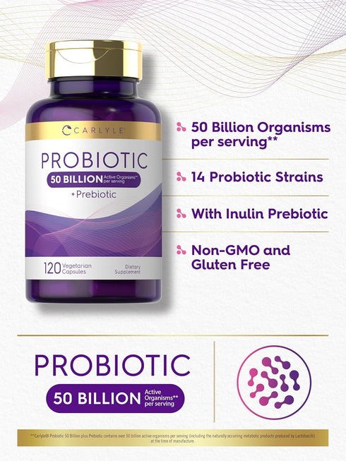 Carlyle Probiotics with Prebiotics, 120 Capsules, 50 Billion Active Organisms, Non-GMO & Gluten Free