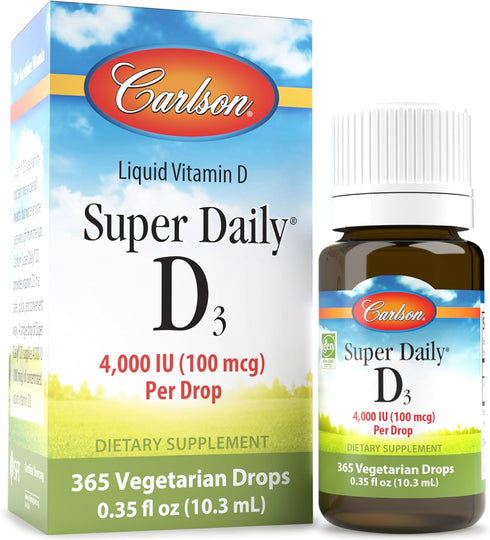Carlson Super Daily D3 4,000 IU (100 mcg) Vitamin D Drop, Liquid Unflavored, 1-Year Supply, 365 Drops (10.3 mL)