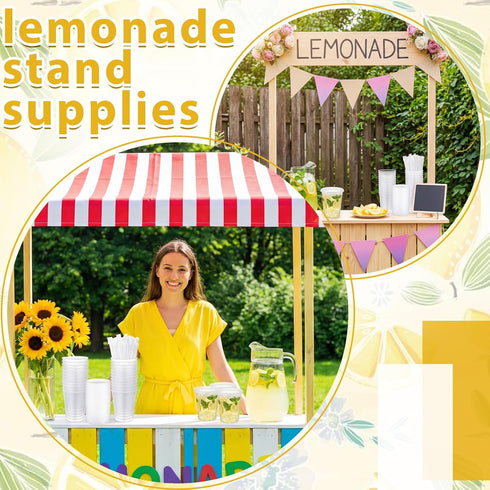 LemonRoad 50 Set 32oz Summer Lemonade Stand Cups with Lids Straws Puncher Clear Plastic Drink Buckets with Flat Lids
