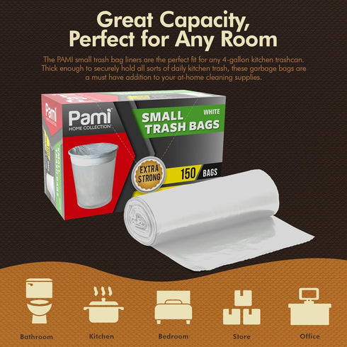 PAMI Small 4-Gallon Trash Bags, White, 150 Bags, Strong Multipurpose Plastic Wastebasket Liners