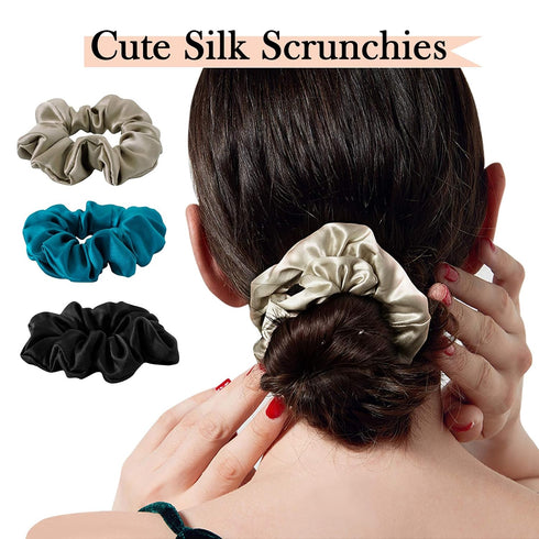 MulberrySilk Hair Scrunchies for Women, 3 Pack Silk Hair Ties for Sleep, Black, Taupe, Peacock Blue