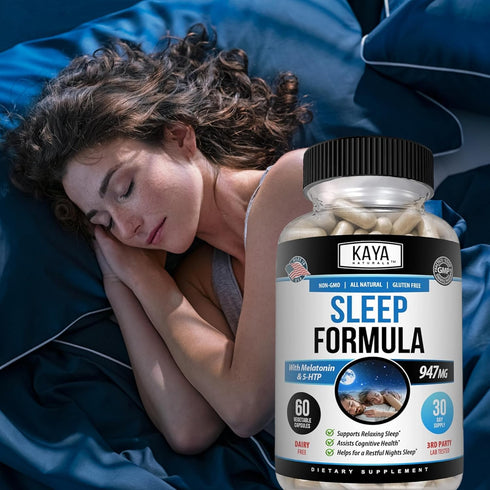 Kaya Naturals Sleep Support Formula with Melatonin - 60 Capsules - Aid Support Vitamin Supplement for Sleep, Stress,