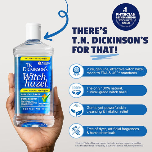 T.N. Dickinson's 100% Natural Witch Hazel Astringent | Pure, Fragrance Free | Cleanses & Soothes Skin | 8 Fl Oz