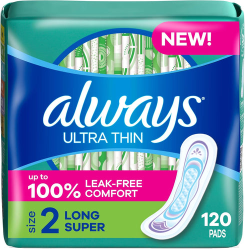 Always Ultra Thin Feminine Pads, Size 2, Long Super Absorbency, Unscented, 40 Count x 3 Pack (120 Count)