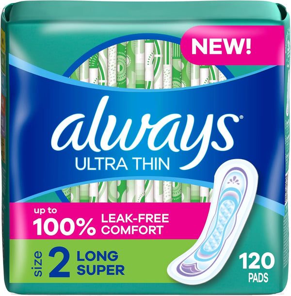 Always Ultra Thin Feminine Pads, Size 2, Long Super Absorbency, Unscented, 40 Count x 3 Pack (120 Count)