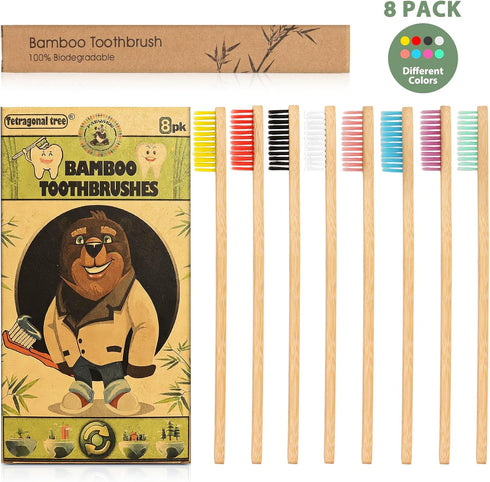 8 Count Biodegradable Bamboo Toothbrushes, Natural Value Pack, Extra Soft for Sensitive Teeth & Gums