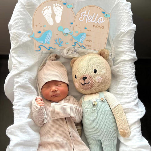 YOUAME Set Birth Announcement Wood Sign Board - Boy Under The Sea Newborn Footprint Milestone, Ocean Theme Hello World