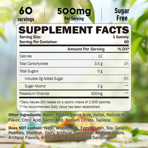 Potassium Gummies 500mg for Adults, 60 Servings, Sugar-Free for Heart Health & Muscle Relief