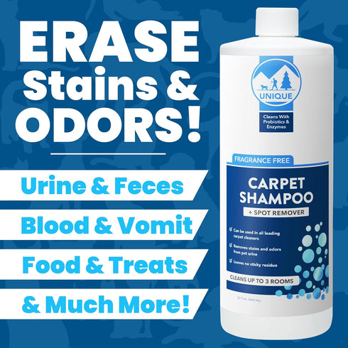 Unique Carpet Shampoo and Carpet Stain Remover - 32 oz. Liquid Concentrate - Bio-Enzymatic, for Use in All Machines, Leaves no Residue