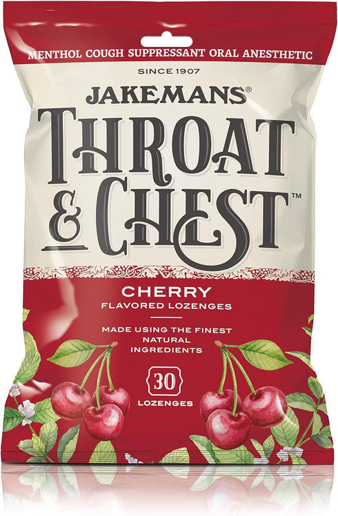 Jakemans Cherry Throat & Chest Lozenges Cough Drops – Soothing Relief for Cough, Sore Throat, Seasonal Distress – 30