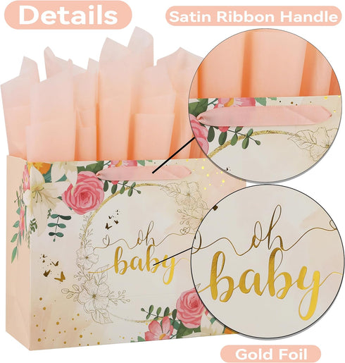 13" Large Light Orange Gift Bag Set with Greeting Card & Tissue Paper (Gold Foil ‘Oh Baby’) for Baby Shower, 1 Pcs