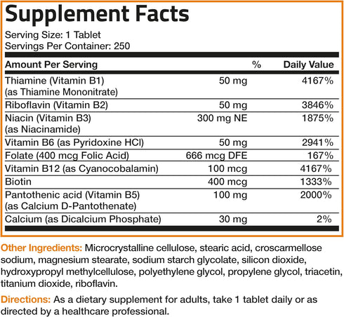 Bronson Vitamin B Complex (B1, B2, B3, B6, B9 - Folic Acid, B12), 250 Tablets