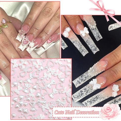 RODAKY Bow Nail Charms, White Heart Charms for 3D Bowknot Nail Art, Cute Kawaii Nail Decoration Accessories