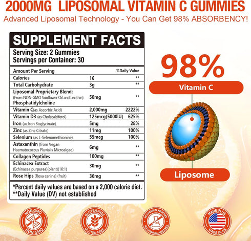 Vemluta 2 Pack 2000mg Gummies D3 5000IU,Elderberry Immune,Antioxidant 120Count Liposomal Vitamin C Complex Rose Hips