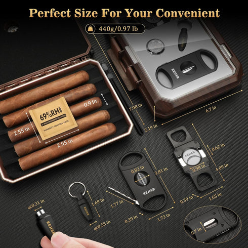 Cigar Humidor Set, Travel Humidor for Cigars, Includes 2 Cigar Cutters, Humidity Pack, Airtight Cigar Case (Dark)