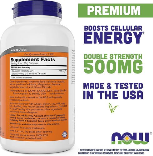 NOW Foods L-Carnitine 500 mg, 240 Veg Caps, Fitness Support, Non-GMO, Vegan/Vegetarian Amino Acid Health Supplement