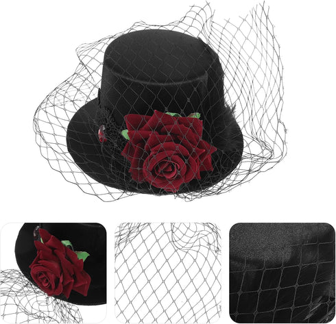 Small Top Hat Hair Clip, Black Veil Flower Decor for Masquerade and Halloween
