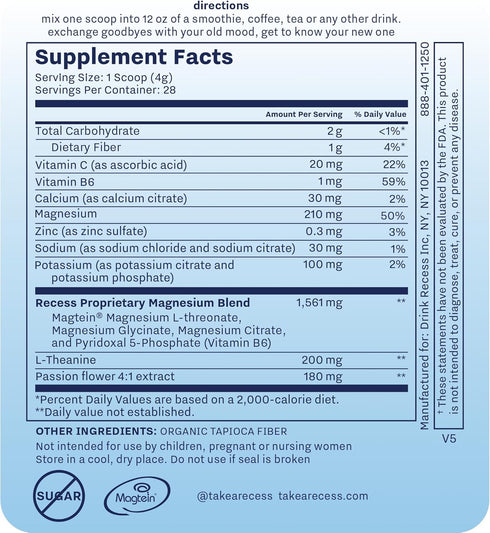 Recess Mood Powder - Unflavored 28 Serving Tub - Calming Magnesium L-Threonate Blend with Passion Flower, L-Theanine,