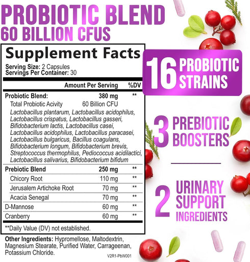 Probiotics for Women's Vaginal Health - 60 Billion CFU Probiotic with Prebiotics for pH Balance & Digestive Support, Womens Probiotic for Urinary & Immune Support with Cranberry - 60 Capsules