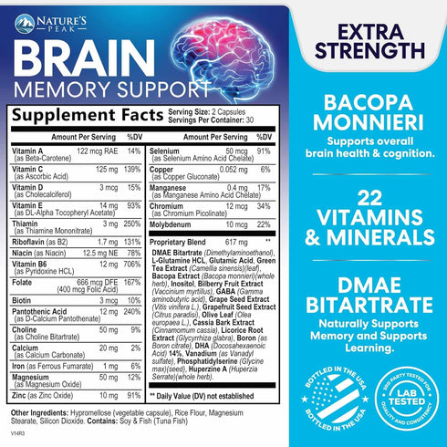 Brain Supplements for Memory and Focus, Nootropic Support for Concentration, Clarity, Energy, Brain Health with Bacopa, Cognitive Vitamins, Phosphatidylserine, DMAE, Brain Booster - 60 Capsules