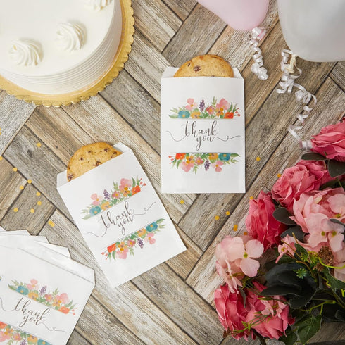 100 Pack Paper Cookie Bags - 7.5 x 5 Inch for Party Favors, Treats, and Candy with Floral Thank You Design
