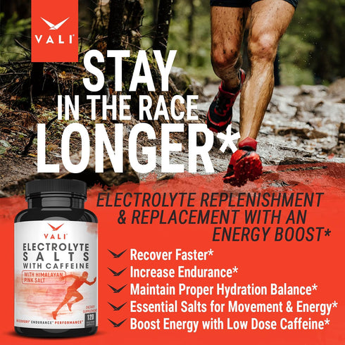 VALI Electrolyte Salts Plus with 40mg Caffeine, 120 Veggie Capsules for Hydration, Energy, Recovery