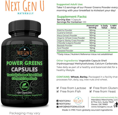 NGU Super Greens Immune System Support, 500 mg, 120 Vegan Capsules with Mixed Superfoods