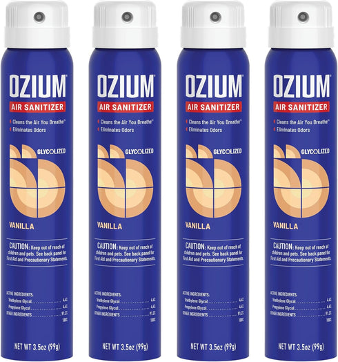 Ozium 3.5 Oz. Air Sanitizer & Odor Eliminator - Vanilla Scent, 4 Pack for Homes, Cars, Offices and More