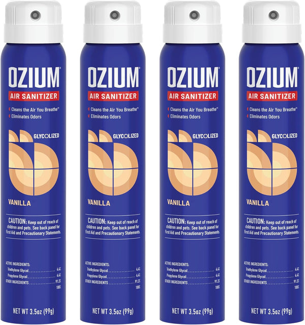 Ozium 3.5 Oz. Air Sanitizer & Odor Eliminator - Vanilla Scent, 4 Pack for Homes, Cars, Offices and More
