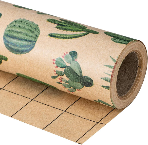 RUSPEPA Kraft Wrapping Paper Roll, Mini Roll, Cactus Design for All Occasions, 17 Inches X 32.8 Feet