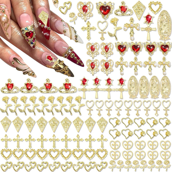 RODAKY 120PCS Gold Nail Charms, 3D Heart Crystal Rhinestone Rose Charms for Luxury Nail Decoration