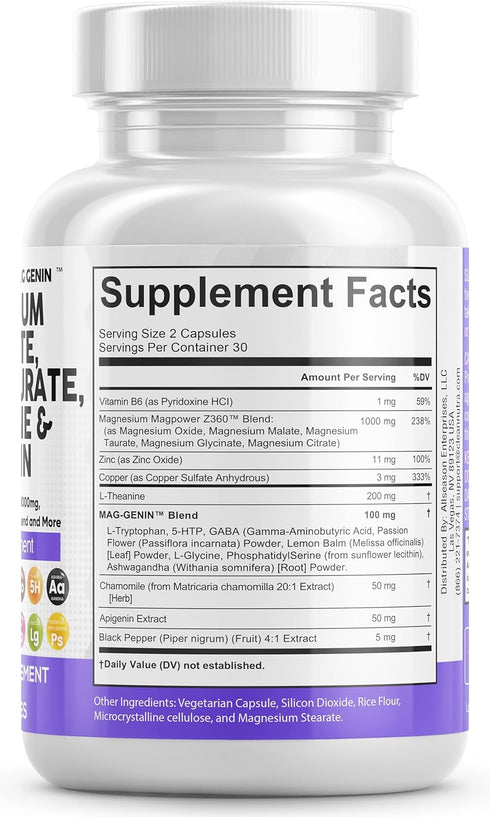 Magnesium Glycinate Complex 1000mg with 200mg L-Theanine, 60 Count - Supplement with Apigenin, GABA & Ashwagandha