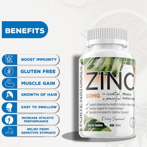 Zinc Supplements (100 Tablets) - Vegan 50mg Daily Supplement for Sensitive Stomachs, Non-GMO