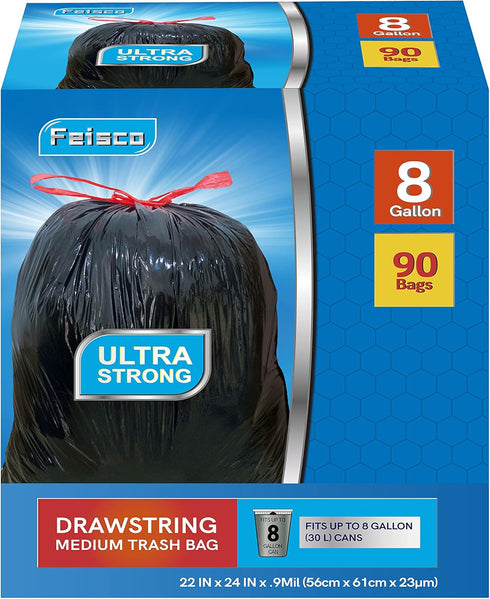8 Gallon Black Trash Bags, 90 Count, 0.9 Mil, Drawstring Garbage Can Liners