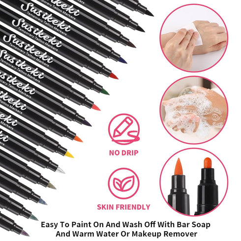 Temporary Tattoo Markers for Skin, 15PCS Dual-Ended Tattoo Pen + 50 Paint Stencils + 43 Tattoos Stickers