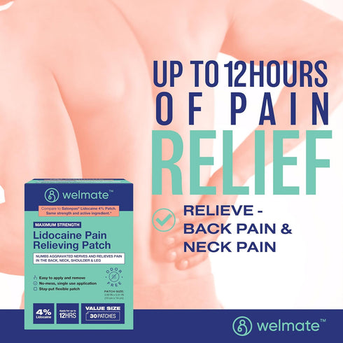 WELMATE 4% Lidocaine Numbing Patch Maximum Strength Temporary Pain Relief for Back, Neck, Shoulders, 30 ct
