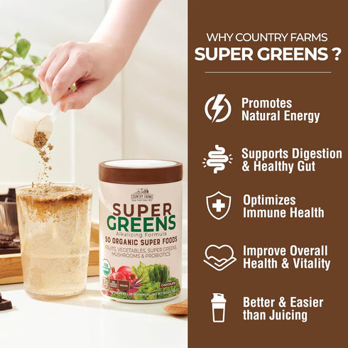 COUNTRY FARMS Organic Super Greens Chocolate Flavor - 50 Organic Super Foods, USDA Organic Drink Mix, Packed with