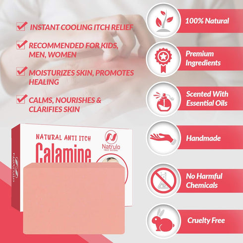 Natural Fast Acting Itch Relief Soap Bar - Calming Calamine Soap for Itchy Skin, Insect Bite, Eczema, Ivy Rash, Chicken