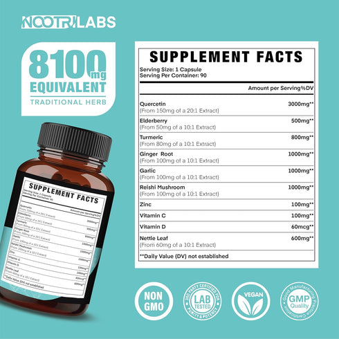 All-in-1 8100mg Highest Potency Quercetin, Elderberry, Turmeric, Vitamin C, D, Ginger Root, Zinc - Immune Health Support