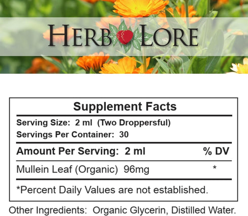 Herb Lore 2 oz Mullein Tincture - Organic Mullein Drops for Lungs - Alcohol Free - fl