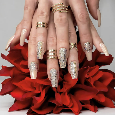 Hypnaughty 24 Pcs Vegas Gold and Nude Luxury Coffin Press On Fake Nails with Glitter Design and Glue, Ombre Glitter