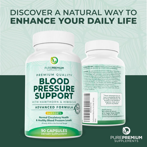 PurePremium Blood Pressure Supplements - Nitric Oxide Support with Hawthorn Berry, Hibiscus, Garlic & Vitamin B12 - 90ct