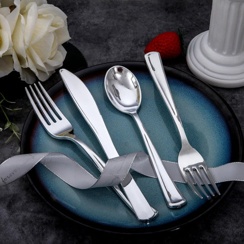 Liacere 200Pcs Silver Plastic Cutlery - 100 Forks, 50 Spoons, 50 Knives, Disposable Silverware for Parties