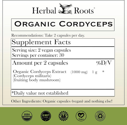 Immune 60 Herbal Roots Organic Cordyceps - Fruiting Body Extract Mushroom Capsules - & Energy Support - Vegan Capsules