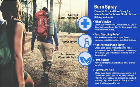 Globe Burn Spray 2 oz, Lidocaine 2% Topical Anesthetic Pain Relief and Numbing Spray Bottle