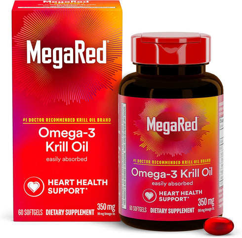 MegaRed Omega-3 Krill Oil Softgels, 350mg, 60 Count, EPA & DHA Omega-3 Fatty Acids, No Fishy Aftertaste