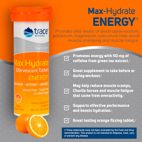 Trace Minerals Max-Hydrate Endurance Effervescent Tablets, Energy Support, Orange Flavor, 8 x 10 Tabs